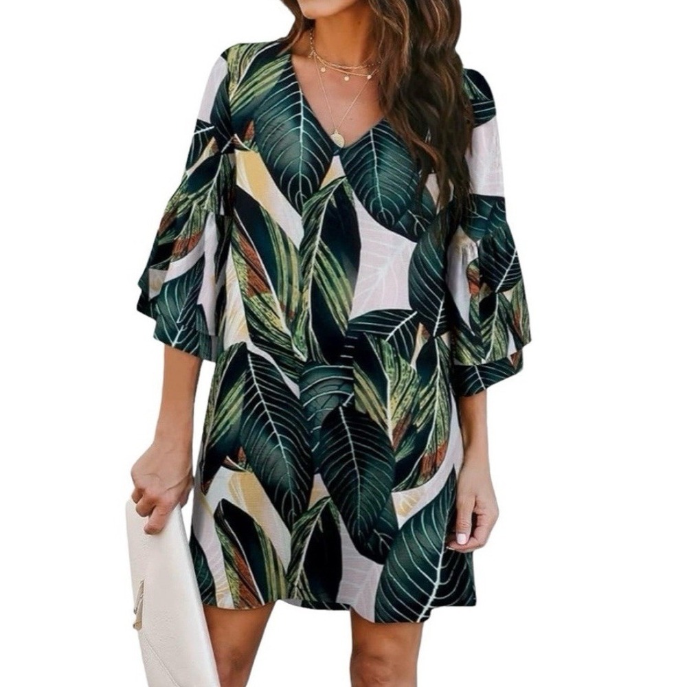 Belongsci Dress Women's Green Multi S Bell Sleeve Leaf Print V-Neck Shift